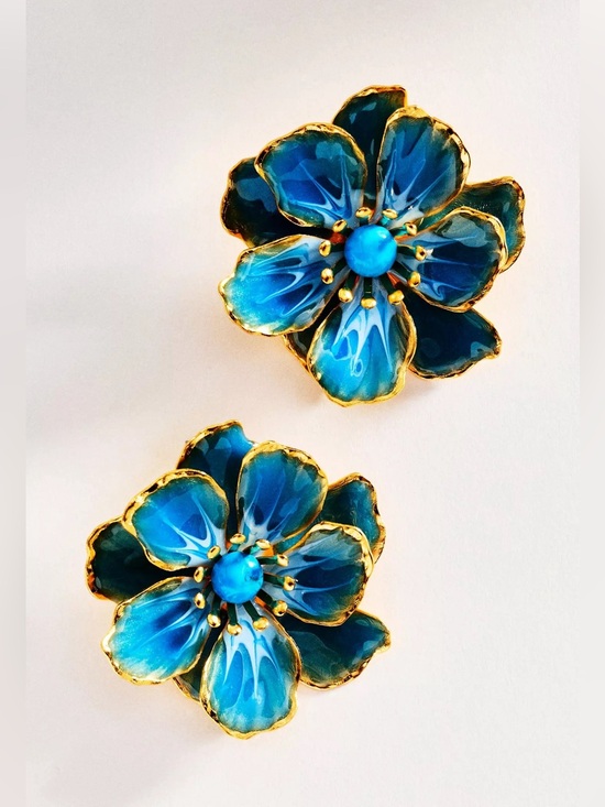 Anthropologie Jewelry - NWT The Pink Reef Hand-Painted Flower Stud Earrings Blue